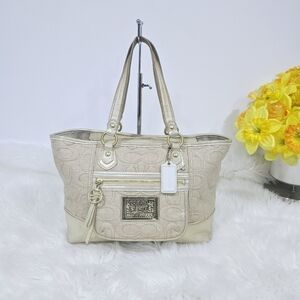 Coach Poppy 16706 Tan Signature Faux Raffia Gold Leather Trim Large Shoulder Bag